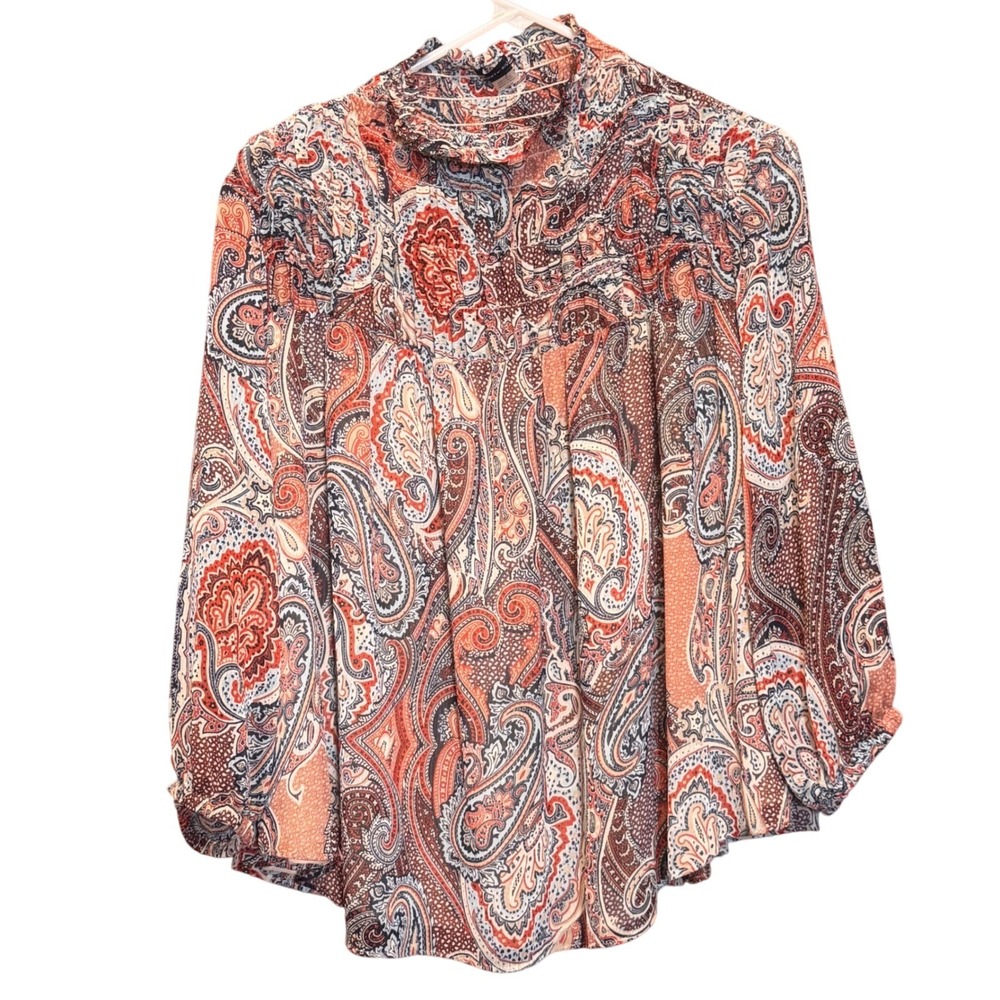 Tommy Hilfiger Womens Paisley Smocked Mock Neck Blouse Orange Blue‎ Size L